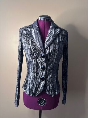 Alberto Makali Metallic Silver, Beaded, Crinkled Blazer, Unique, Art to Wear